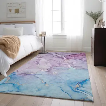 10' X 14' Purple Blue And Ivory Abstract Washable Area Rug With UV Protection