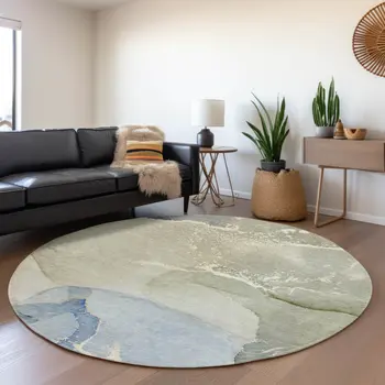 8' Blue Gray And Ivory Abstract Washable Round Rug With UV Protection
