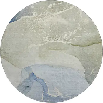 8' Blue Gray And Ivory Abstract Washable Round Rug With UV Protection