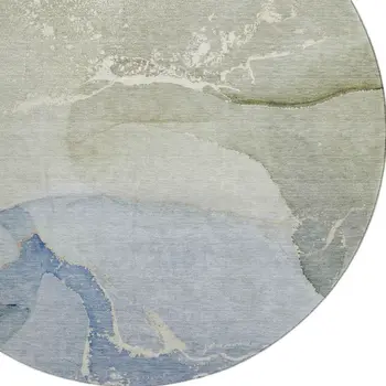 8' Blue Gray And Ivory Abstract Washable Round Rug With UV Protection