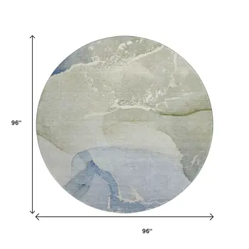 8' Blue Gray And Ivory Abstract Washable Round Rug With UV Protection