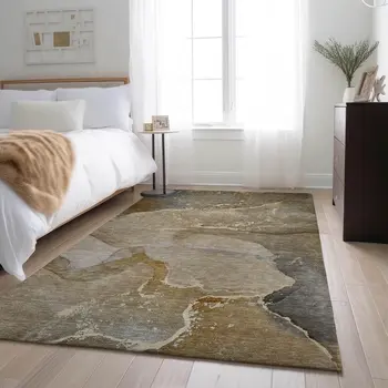 5' X 8' Brown Gray And Ivory Abstract Washable Area Rug With UV Protection