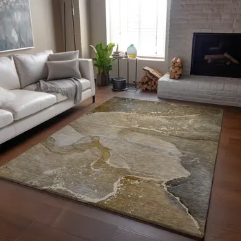 5' X 8' Brown Gray And Ivory Abstract Washable Area Rug With UV Protection