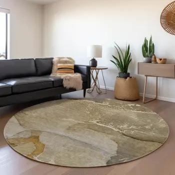 8' Brown Gray And Ivory Abstract Washable Round Rug With UV Protection