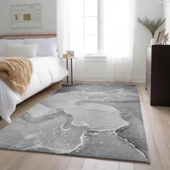 5' X 8' Gray And Ivory Abstract Washable Area Rug With UV Protection