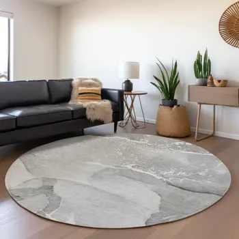 8' Gray And Ivory Abstract Washable Round Rug With UV Protection
