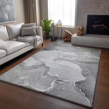 10' X 14' Gray And Ivory Abstract Washable Area Rug With UV Protection