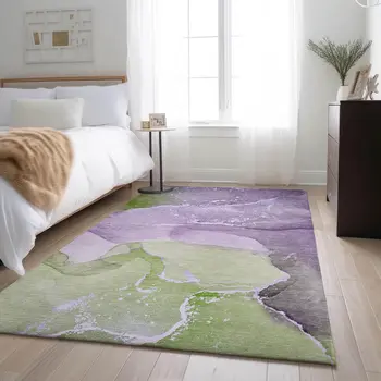 3' X 5' Purple Green And Ivory Abstract Washable Area Rug With UV Protection
