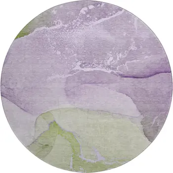 8' Purple Green And Ivory Abstract Washable Round Rug With UV Protection