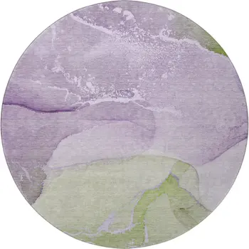 8' Purple Green And Ivory Abstract Washable Round Rug With UV Protection