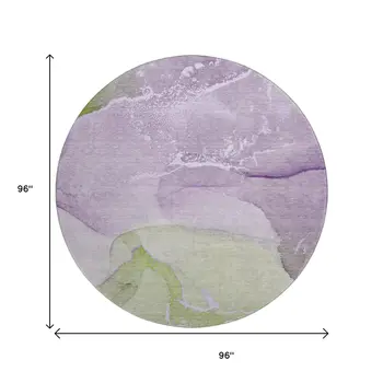 8' Purple Green And Ivory Abstract Washable Round Rug With UV Protection