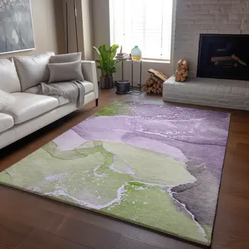 9' X 12' Purple Green And Ivory Abstract Washable Area Rug With UV Protection