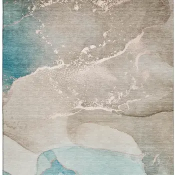 3' X 5' Teal Beige And Ivory Abstract Washable Area Rug With UV Protection