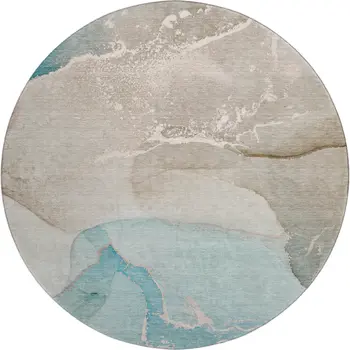 8' Teal Beige And Ivory Abstract Washable Round Rug With UV Protection