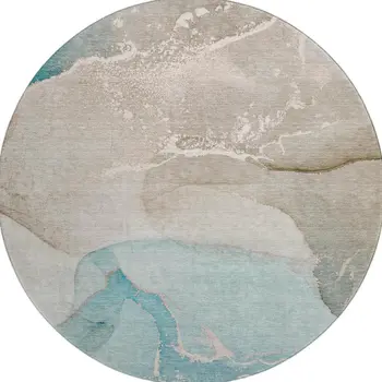 8' Teal Beige And Ivory Abstract Washable Round Rug With UV Protection
