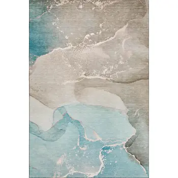 9' X 12' Teal Beige And Ivory Abstract Washable Area Rug With UV Protection
