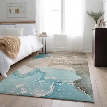 10' X 14' Teal Beige And Ivory Abstract Washable Area Rug With UV Protection
