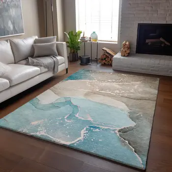 10' X 14' Teal Beige And Ivory Abstract Washable Area Rug With UV Protection