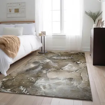 3' X 5' Brown Ivory And Gray Abstract Washable Area Rug With UV Protection