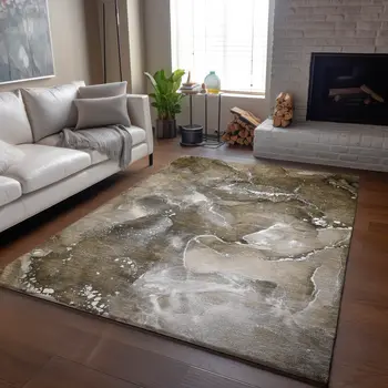5' X 8' Brown Ivory And Gray Abstract Washable Area Rug With UV Protection