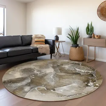8' Brown Ivory And Gray Abstract Washable Round Rug With UV Protection