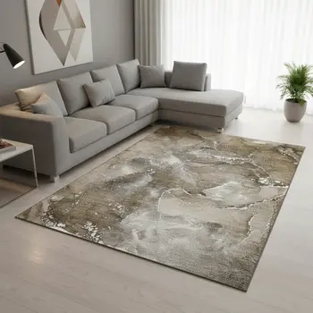 10' X 14' Brown Ivory And Gray Abstract Washable Area Rug With UV Protection