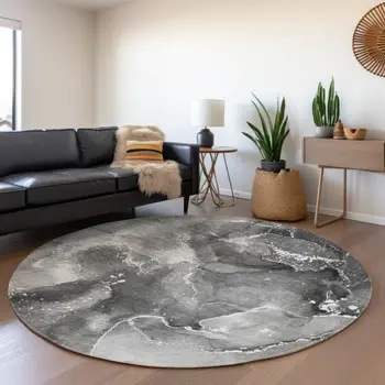 8' Gray And Ivory Abstract Washable Round Rug With UV Protection