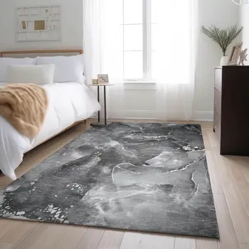 9' X 12' Gray And Ivory Abstract Washable Area Rug With UV Protection
