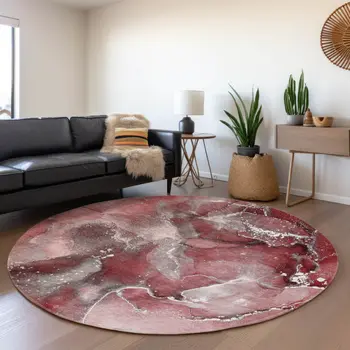 8' Merlot And Ivory Abstract Washable Round Rug With UV Protection