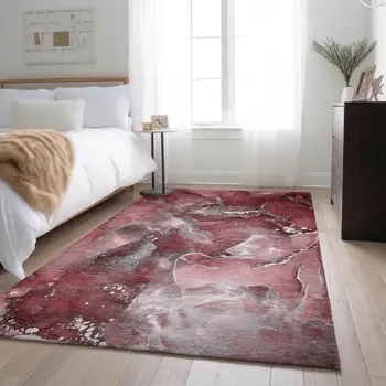 9' X 12' Merlot And Ivory Abstract Washable Area Rug With UV Protection