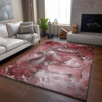 9' X 12' Merlot And Ivory Abstract Washable Area Rug With UV Protection