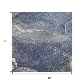 3' X 5' Navy Blue And Ivory Abstract Washable Area Rug With UV Protection