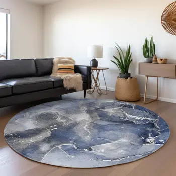 8' Navy Blue And Ivory Abstract Washable Round Rug With UV Protection