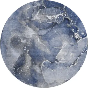 8' Navy Blue And Ivory Abstract Washable Round Rug With UV Protection