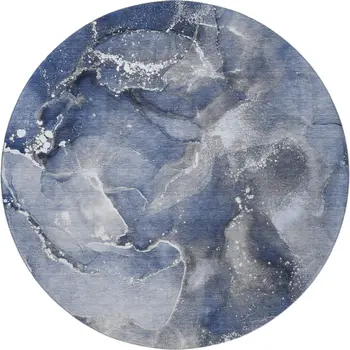 8' Navy Blue And Ivory Abstract Washable Round Rug With UV Protection