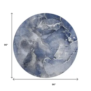 8' Navy Blue And Ivory Abstract Washable Round Rug With UV Protection