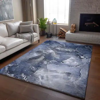 9' X 12' Navy Blue And Ivory Abstract Washable Area Rug With UV Protection