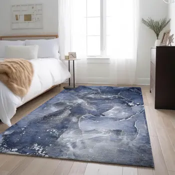 10' X 14' Navy Blue And Ivory Abstract Washable Area Rug With UV Protection