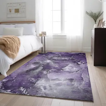 8' X 10' Purple And Ivory Abstract Washable Area Rug With UV Protection