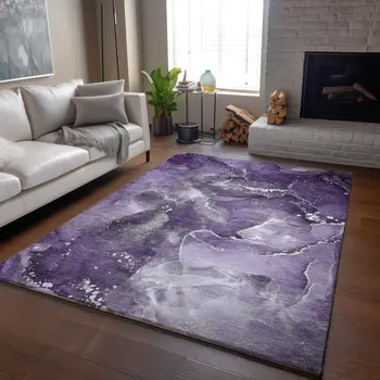 8' X 10' Purple And Ivory Abstract Washable Area Rug With UV Protection