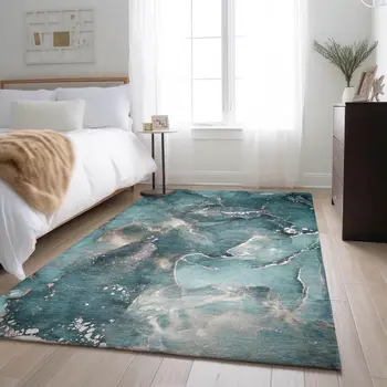5' X 8' Teal And Ivory Abstract Washable Area Rug With UV Protection