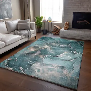 5' X 8' Teal And Ivory Abstract Washable Area Rug With UV Protection