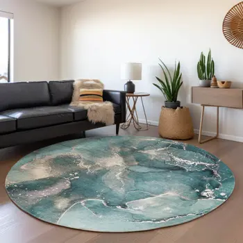 8' Teal And Ivory Abstract Washable Round Rug With UV Protection