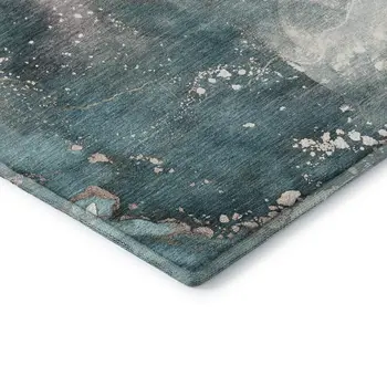 8' Teal And Ivory Abstract Washable Round Rug With UV Protection
