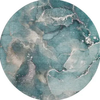 8' Teal And Ivory Abstract Washable Round Rug With UV Protection