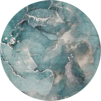 8' Teal And Ivory Abstract Washable Round Rug With UV Protection