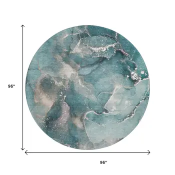 8' Teal And Ivory Abstract Washable Round Rug With UV Protection