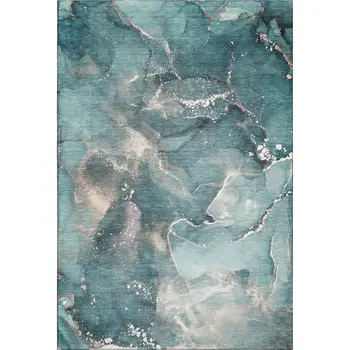 9' X 12' Teal And Ivory Abstract Washable Area Rug With UV Protection