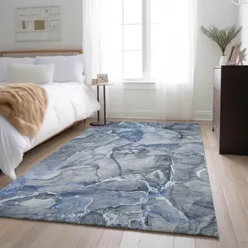 3' X 5' Blue And Ivory Abstract Washable Area Rug With UV Protection