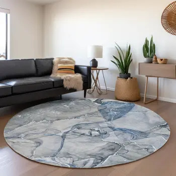 8' Blue And Ivory Abstract Washable Round Rug With UV Protection